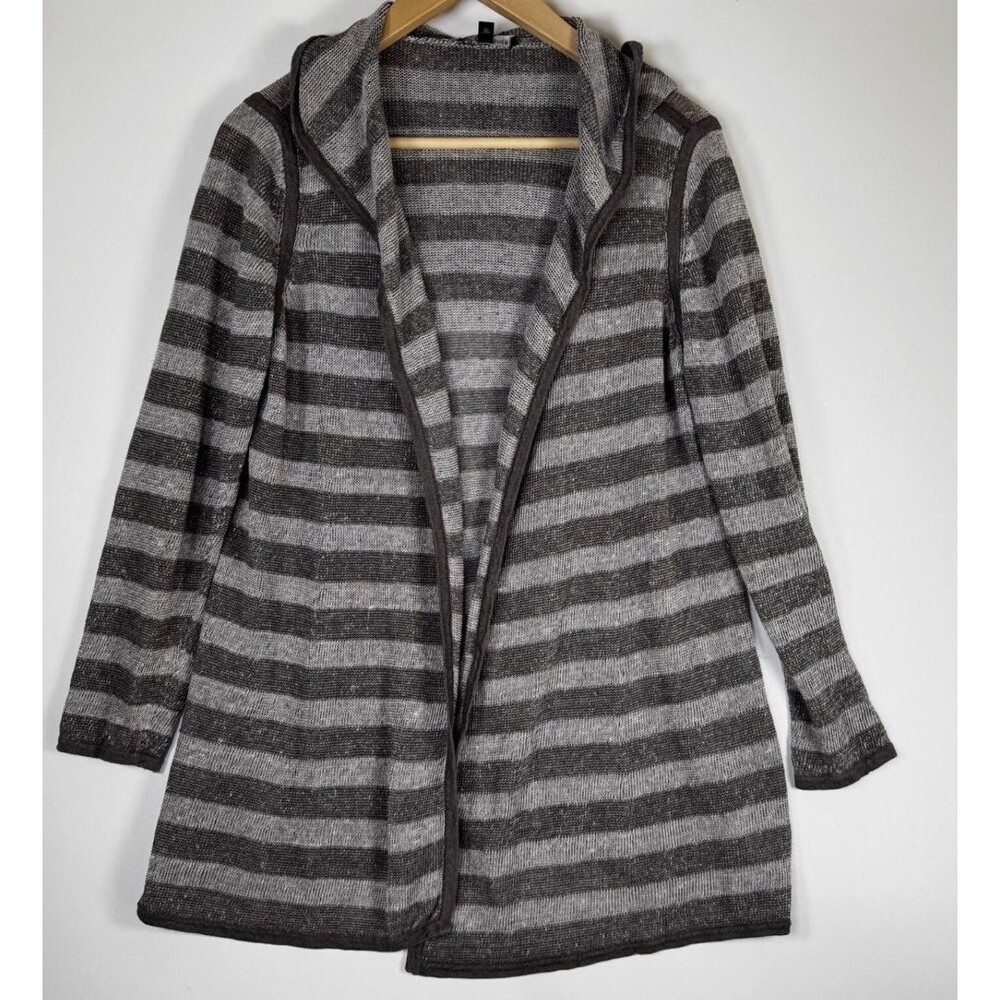 Eileen Fisher Sweater Womens Petite Large Stripe‎ Hooded Organic Linen Cardigan
